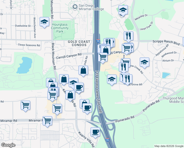 map of restaurants, bars, coffee shops, grocery stores, and more near 9755 Mesa Springs Way in San Diego