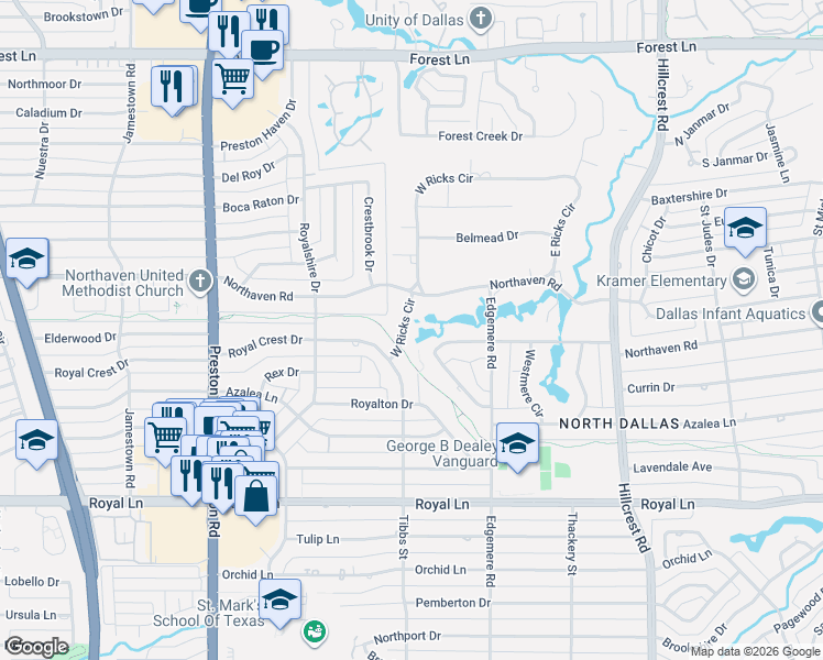 map of restaurants, bars, coffee shops, grocery stores, and more near 11215 West Ricks Circle in Dallas