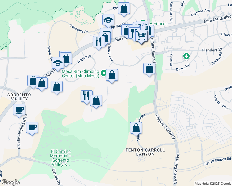 map of restaurants, bars, coffee shops, grocery stores, and more near 6675 Mesa Ridge Road in San Diego