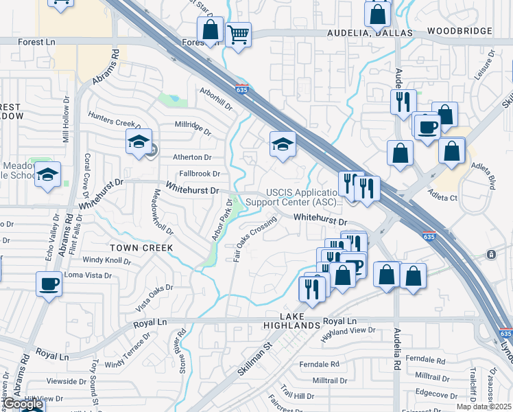 map of restaurants, bars, coffee shops, grocery stores, and more near 9740 Whitehurst Drive in Dallas