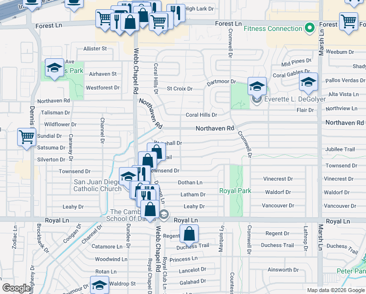 map of restaurants, bars, coffee shops, grocery stores, and more near 11201-11299 Shans Street in Dallas