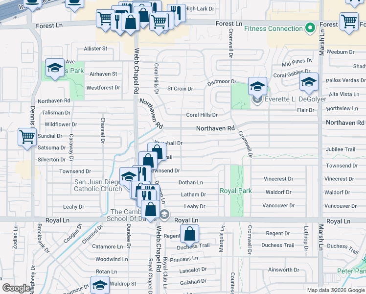 map of restaurants, bars, coffee shops, grocery stores, and more near 3165 Whitehall Drive in Dallas
