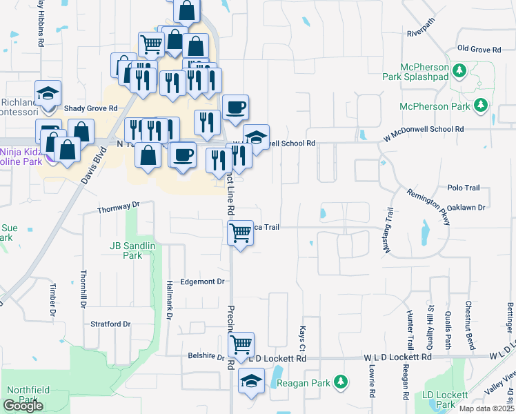 map of restaurants, bars, coffee shops, grocery stores, and more near 8190 Precinct Line Road in Colleyville