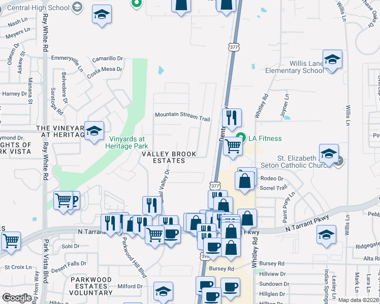 map of restaurants, bars, coffee shops, grocery stores, and more near 8829 Quarry Ridge Trail in Fort Worth