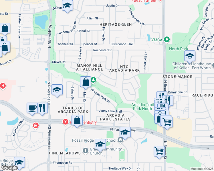 map of restaurants, bars, coffee shops, grocery stores, and more near 4012 Summerhill Lane in Fort Worth