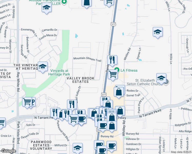 map of restaurants, bars, coffee shops, grocery stores, and more near 8812 Quarry Ridge Trail in Fort Worth