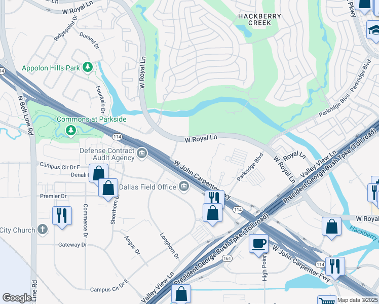 map of restaurants, bars, coffee shops, grocery stores, and more near 2101 West John W Carpenter Freeway in Irving