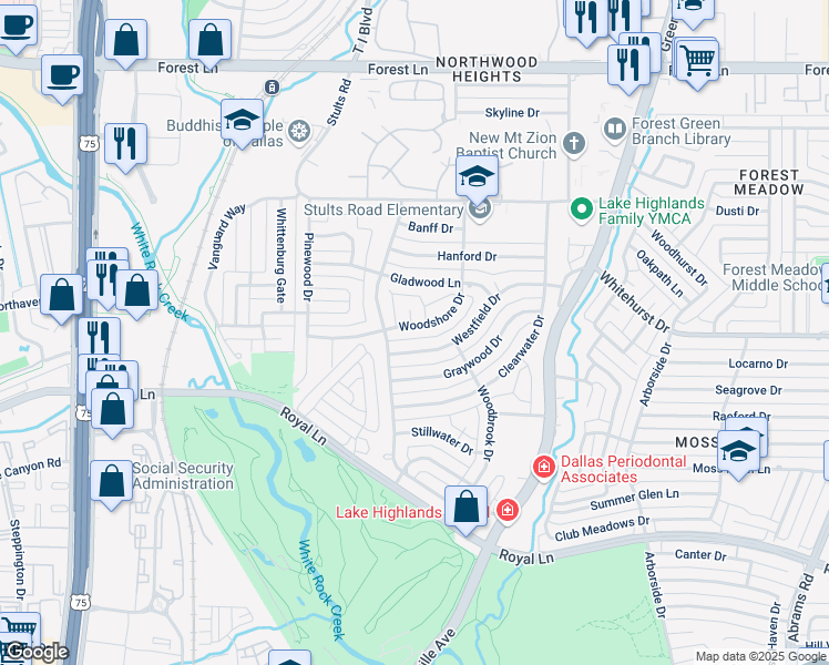 map of restaurants, bars, coffee shops, grocery stores, and more near 9055 Woodshore Circle in Dallas