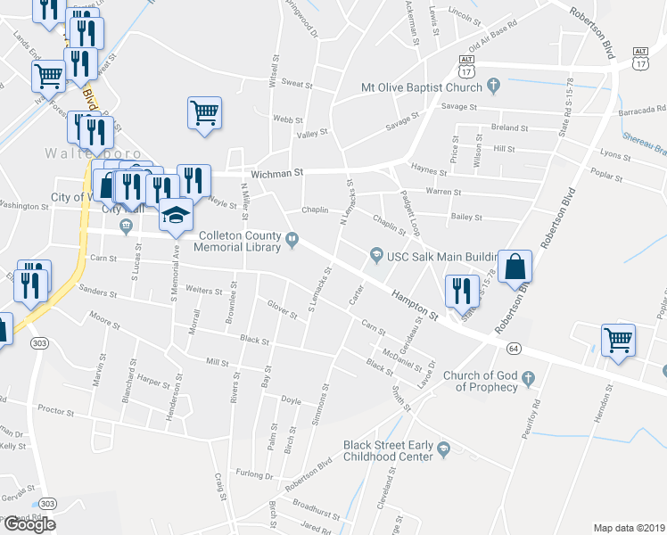 map of restaurants, bars, coffee shops, grocery stores, and more near 700 Hampton Street in Walterboro
