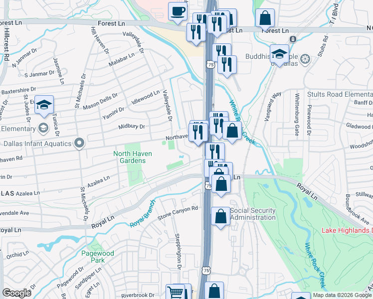 map of restaurants, bars, coffee shops, grocery stores, and more near 7930 Northaven Road in Dallas