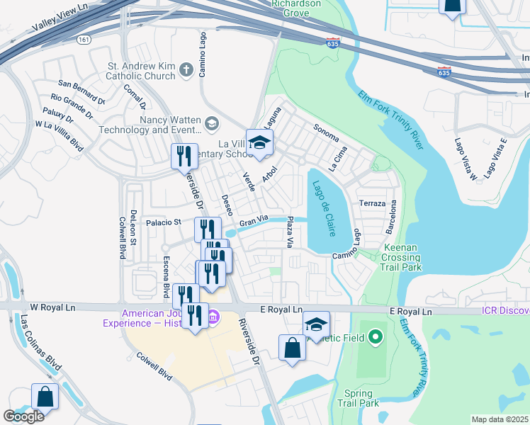 map of restaurants, bars, coffee shops, grocery stores, and more near 6740 Verde in Irving