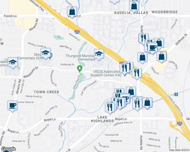 map of restaurants, bars, coffee shops, grocery stores, and more near 9740 Whitehurst Drive in Dallas