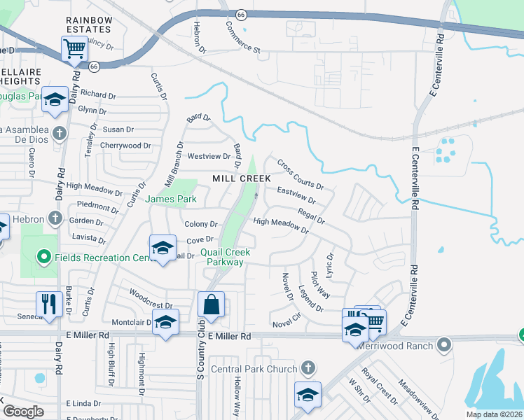 map of restaurants, bars, coffee shops, grocery stores, and more near 1214 South Country Club Road East in Garland