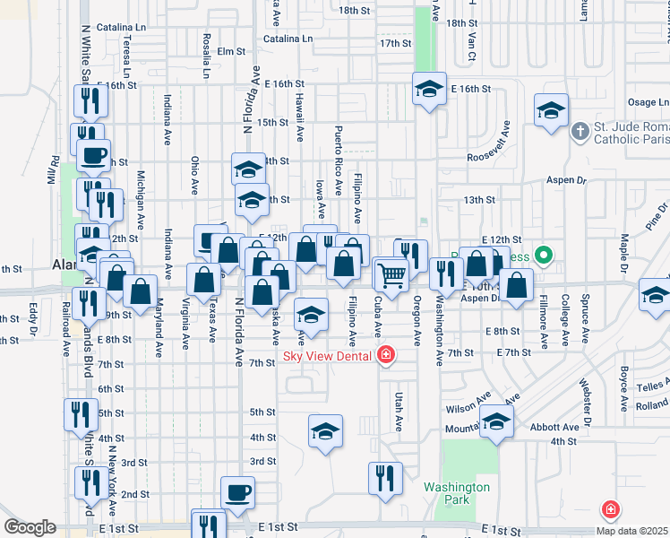 map of restaurants, bars, coffee shops, grocery stores, and more near 1109 Filipino Avenue in Alamogordo