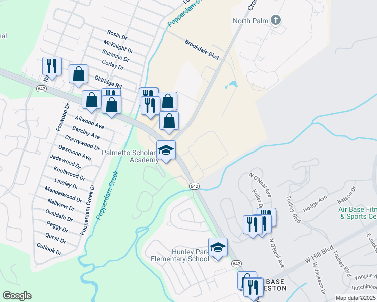 map of restaurants, bars, coffee shops, grocery stores, and more near 7100-7116 State Road S-10-2028 in North Charleston