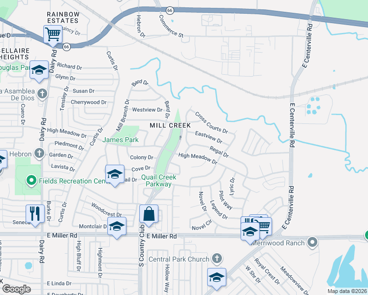 map of restaurants, bars, coffee shops, grocery stores, and more near 1214 South Country Club Road East in Garland