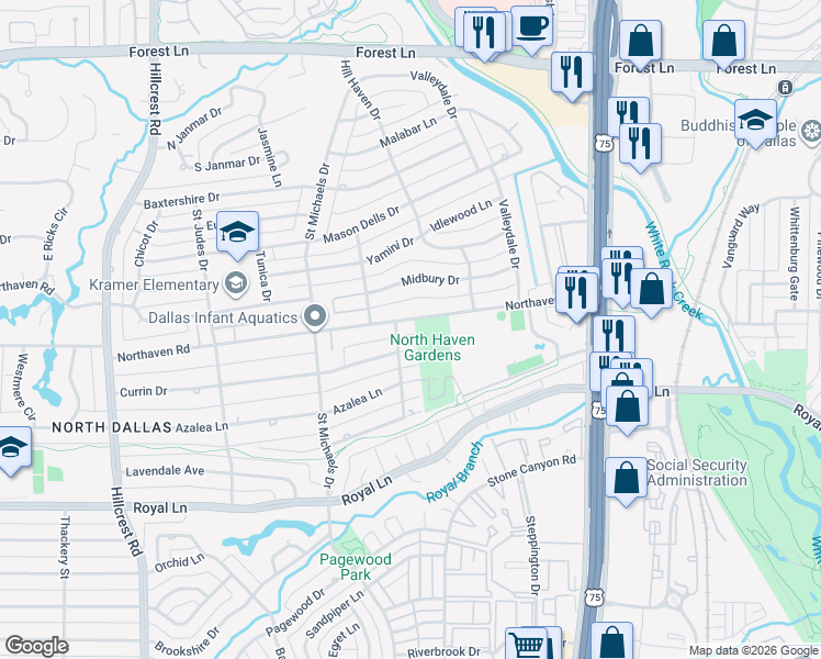 map of restaurants, bars, coffee shops, grocery stores, and more near 7523 Northaven Road in Dallas