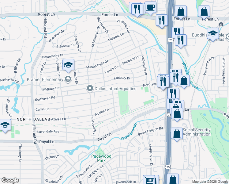 map of restaurants, bars, coffee shops, grocery stores, and more near 7523 Northaven Road in Dallas