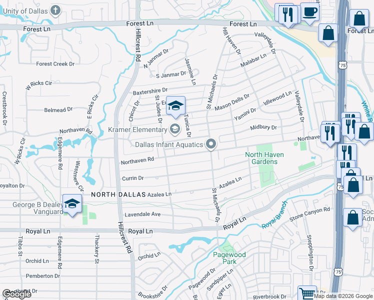map of restaurants, bars, coffee shops, grocery stores, and more near 7214 Midbury Drive in Dallas