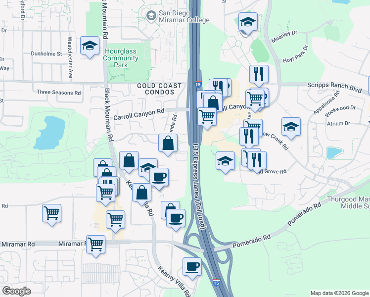 map of restaurants, bars, coffee shops, grocery stores, and more near 9755 Mesa Springs Way in San Diego