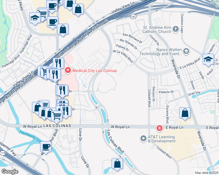 map of restaurants, bars, coffee shops, grocery stores, and more near 6700 Las Colinas Boulevard in Irving