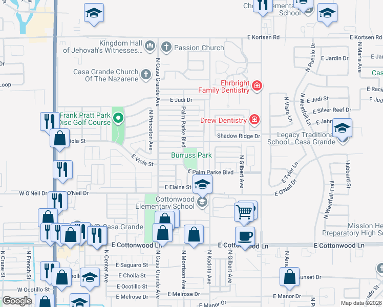 map of restaurants, bars, coffee shops, grocery stores, and more near 617 East Vekol Road in Casa Grande
