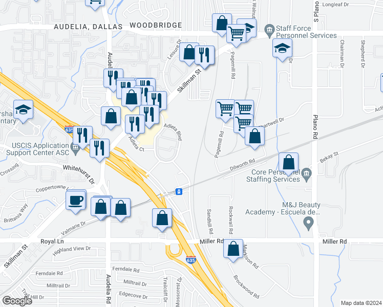 map of restaurants, bars, coffee shops, grocery stores, and more near 9959 Adleta Boulevard in Dallas