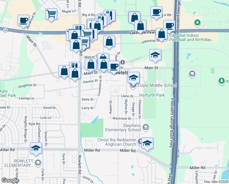 map of restaurants, bars, coffee shops, grocery stores, and more near Rowlett Street in Rowlett