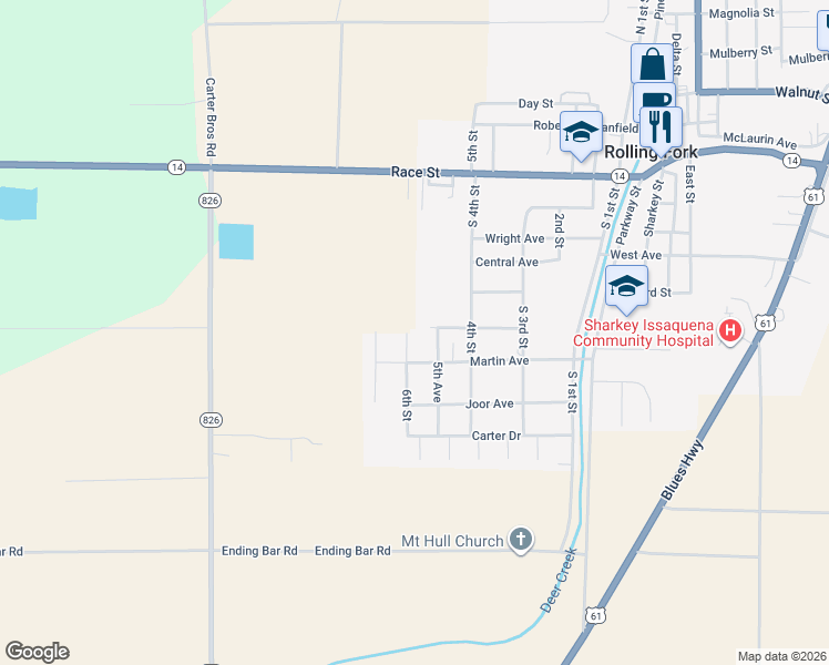 map of restaurants, bars, coffee shops, grocery stores, and more near 6 South Sixth Street in Rolling Fork