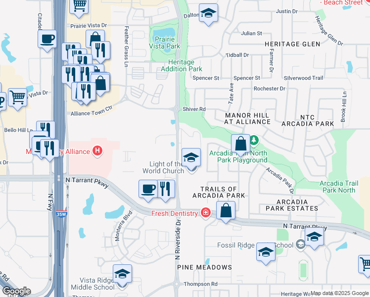 map of restaurants, bars, coffee shops, grocery stores, and more near 3601 Vienne Place in Fort Worth