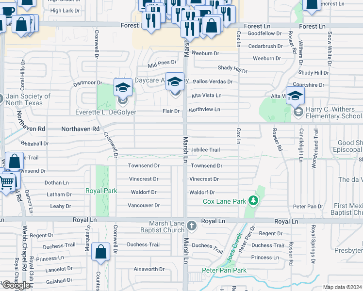 map of restaurants, bars, coffee shops, grocery stores, and more near 3667 Jubilee Trail in Dallas