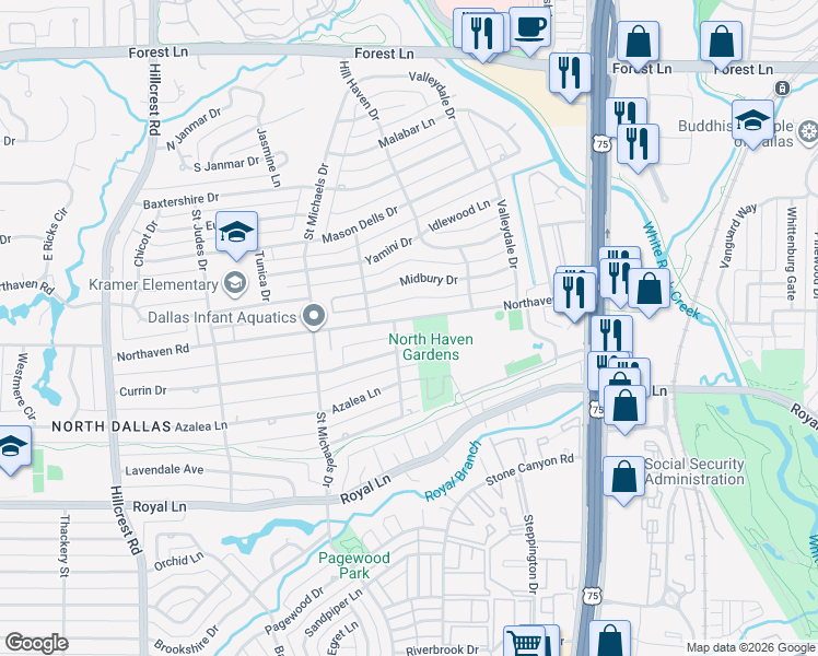map of restaurants, bars, coffee shops, grocery stores, and more near 7523 Northaven Road in Dallas