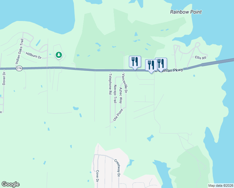 map of restaurants, bars, coffee shops, grocery stores, and more near 204 Navajo Trail in West Tawakoni