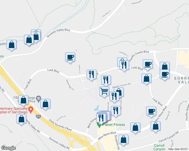 map of restaurants, bars, coffee shops, grocery stores, and more near in San Diego
