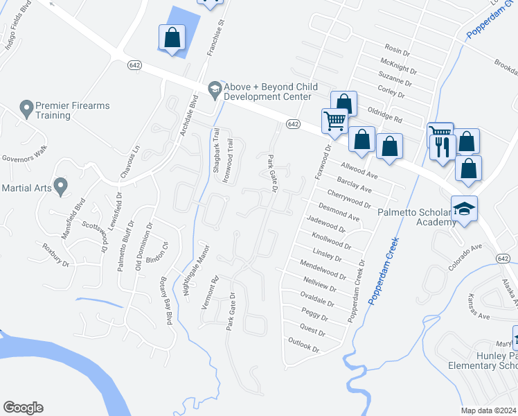 map of restaurants, bars, coffee shops, grocery stores, and more near 7890 Champion Way in North Charleston