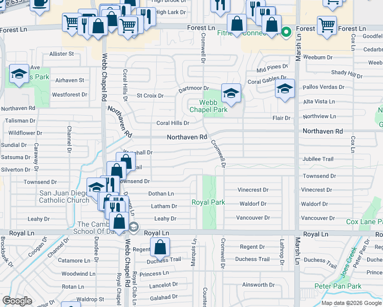 map of restaurants, bars, coffee shops, grocery stores, and more near 3311 Whitehall Drive in Dallas