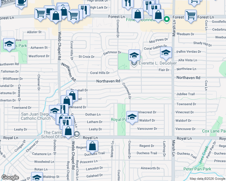 map of restaurants, bars, coffee shops, grocery stores, and more near 3349 Whitehall Drive in Dallas