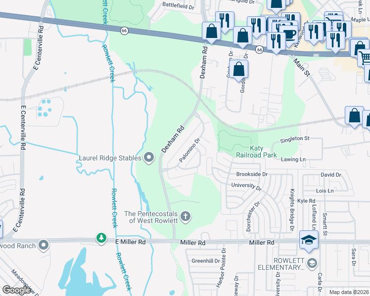 map of restaurants, bars, coffee shops, grocery stores, and more near 1721 Palomino Dr in Rowlett