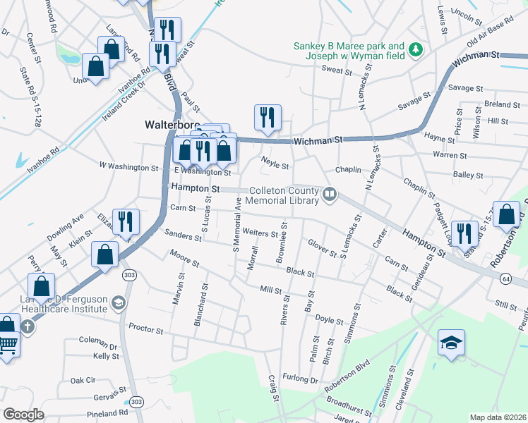 map of restaurants, bars, coffee shops, grocery stores, and more near 423 Carn Street in Walterboro