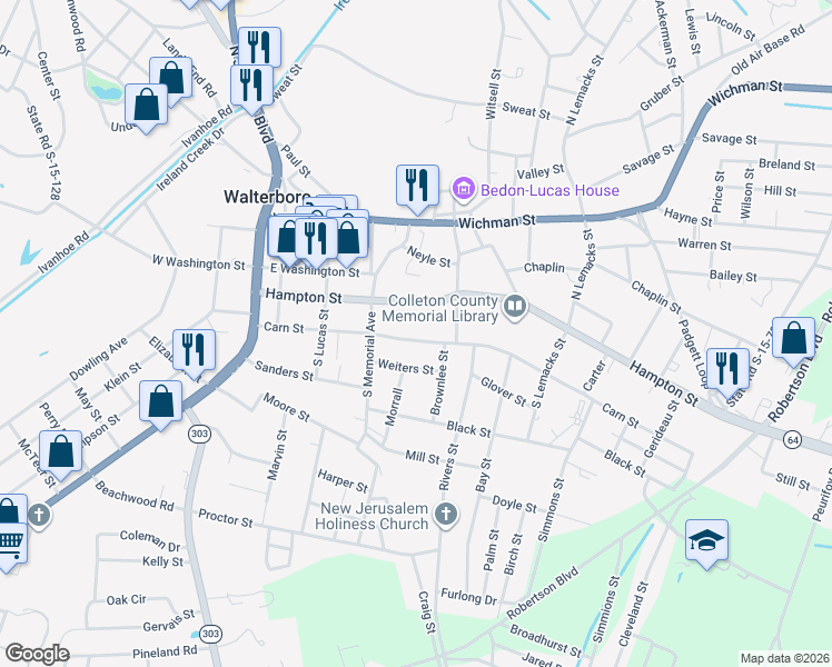map of restaurants, bars, coffee shops, grocery stores, and more near 423 Carn Street in Walterboro