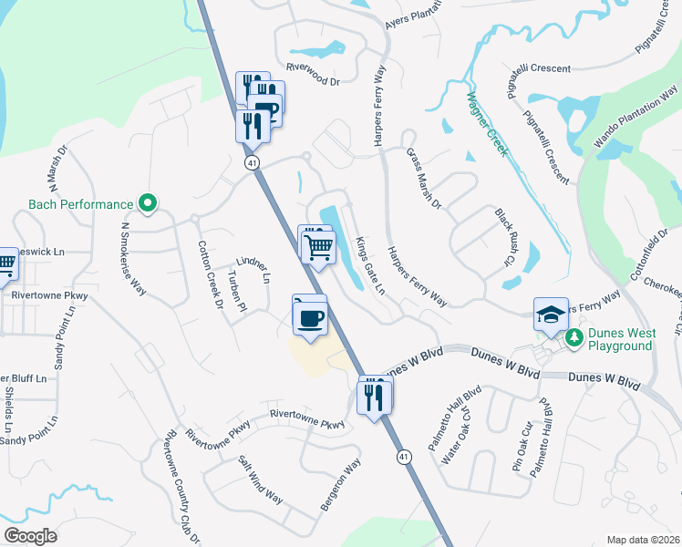 map of restaurants, bars, coffee shops, grocery stores, and more near 2475 Kings Gate Lane in Mount Pleasant