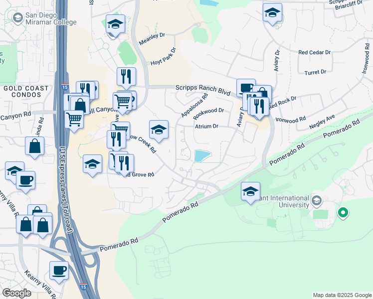 map of restaurants, bars, coffee shops, grocery stores, and more near 9730 Caminito Doha in San Diego
