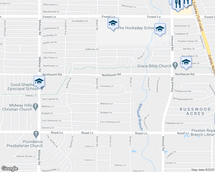 map of restaurants, bars, coffee shops, grocery stores, and more near 4634 Crooked Lane in Dallas