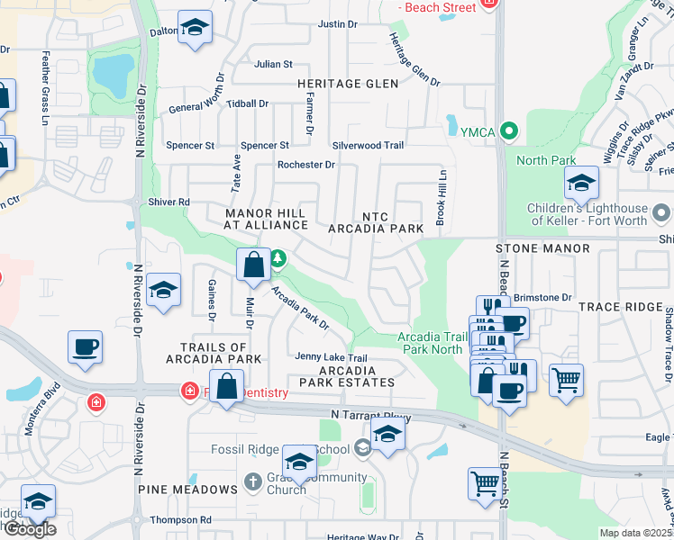 map of restaurants, bars, coffee shops, grocery stores, and more near 4044 Shiver Road in Fort Worth