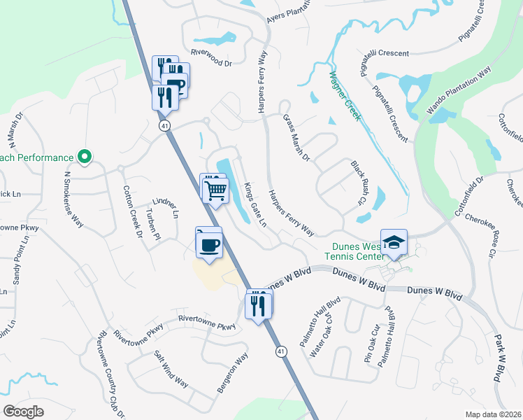 map of restaurants, bars, coffee shops, grocery stores, and more near 2492 Kings Gate Lane in Mount Pleasant