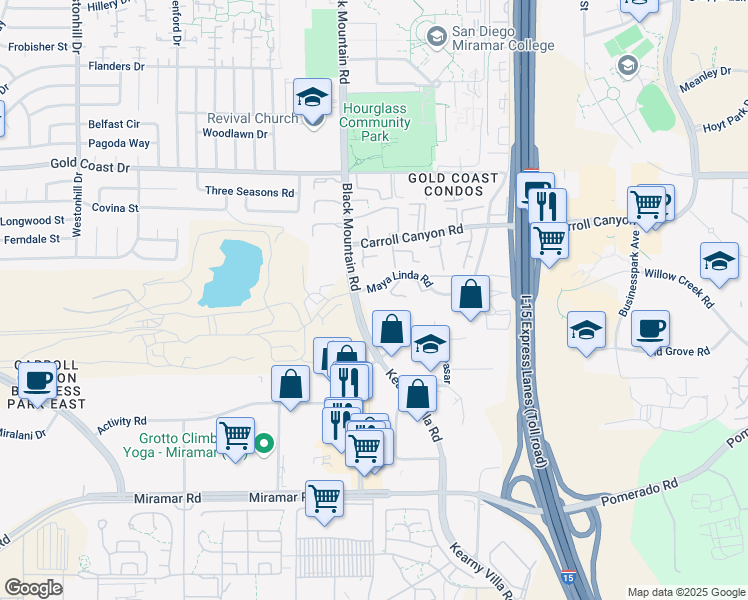 map of restaurants, bars, coffee shops, grocery stores, and more near 9955 Black Mountain Road in San Diego