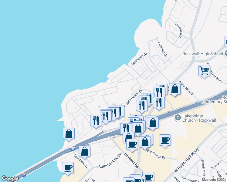 map of restaurants, bars, coffee shops, grocery stores, and more near 3404 Waterview Trail in Rockwall