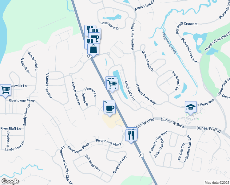 map of restaurants, bars, coffee shops, grocery stores, and more near 2180 Kings Gate Lane in Mount Pleasant
