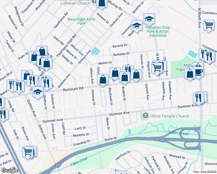 map of restaurants, bars, coffee shops, grocery stores, and more near 1444 Remount Road in North Charleston