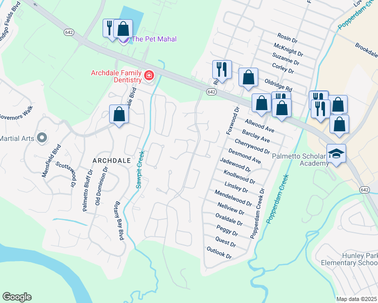 map of restaurants, bars, coffee shops, grocery stores, and more near 7890 Champion Way in North Charleston